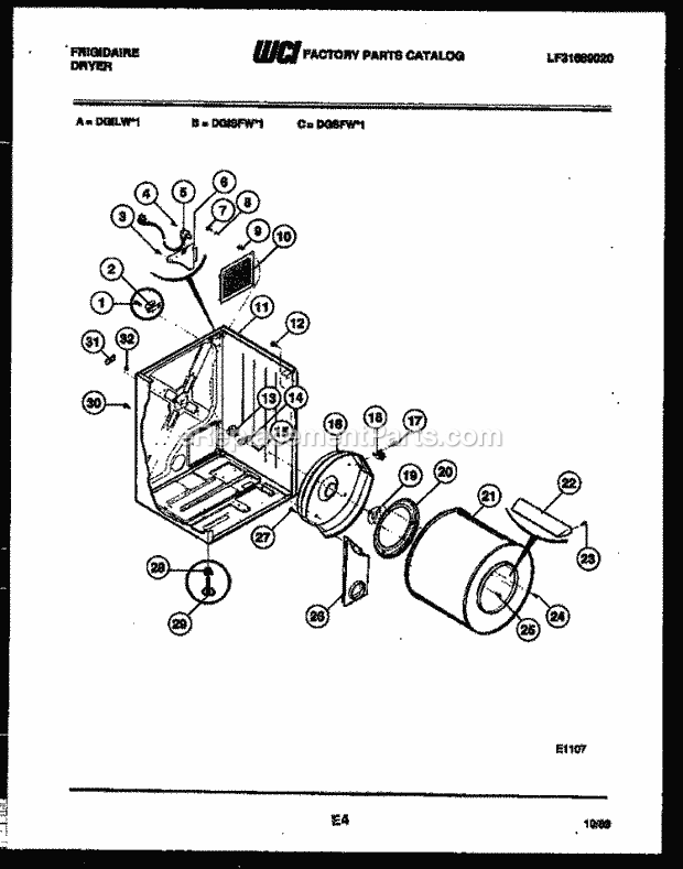 Frigidaire DGISFW1 Residential Dryer Gas Cabinet and Component Parts Diagram