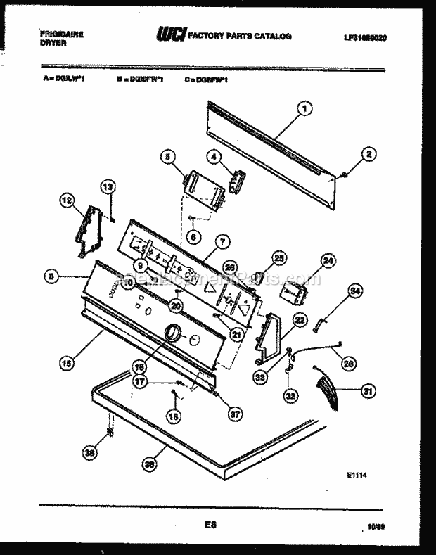 Frigidaire DGISFW1 Residential Dryer Gas Console and Control Parts Diagram