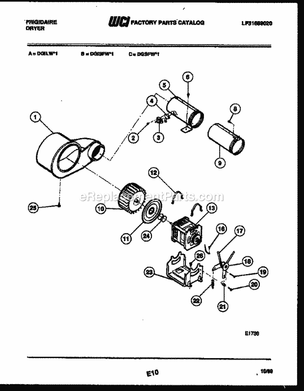 Frigidaire DGISFW1 Residential Dryer Gas Motor and Blower Parts Diagram