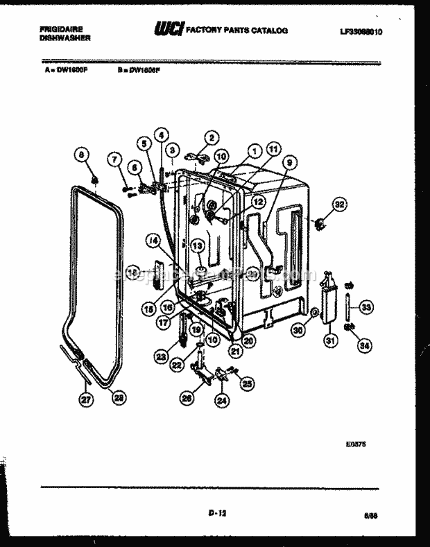 Frigidaire DW1800FW Dishwasher Tub and Frame Parts Diagram