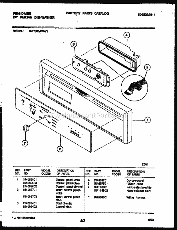 Frigidaire DW7600AWW1 Dishwasher Console and Control Parts Diagram