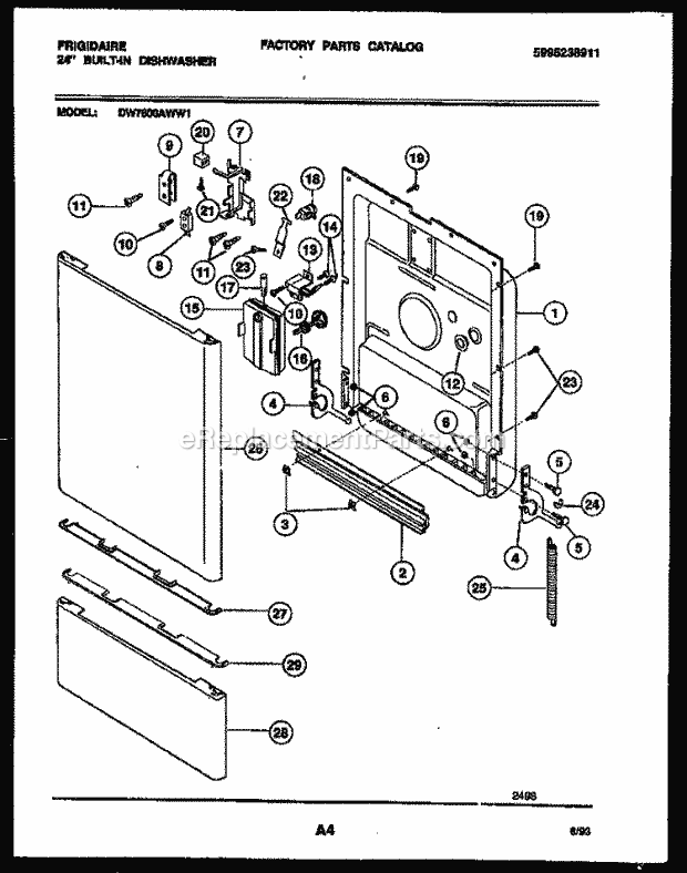 Frigidaire DW7600AWW1 Dishwasher Door Parts Diagram