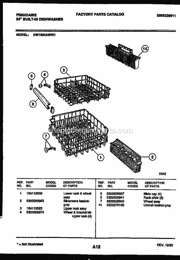 Frigidaire DW7600AWW1 Dishwasher Racks and Trays Diagram