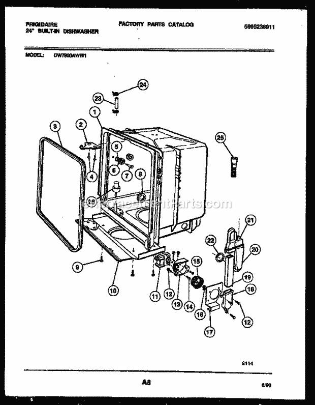 Frigidaire DW7600AWW1 Dishwasher Tub and Frame Parts Diagram