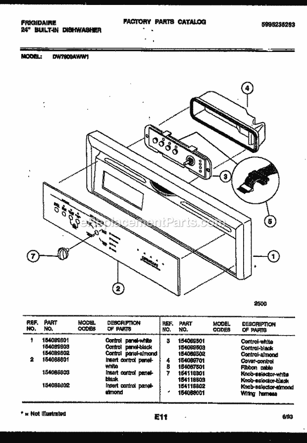 Frigidaire DW7800AWW1 Dishwasher Console and Control Parts Diagram