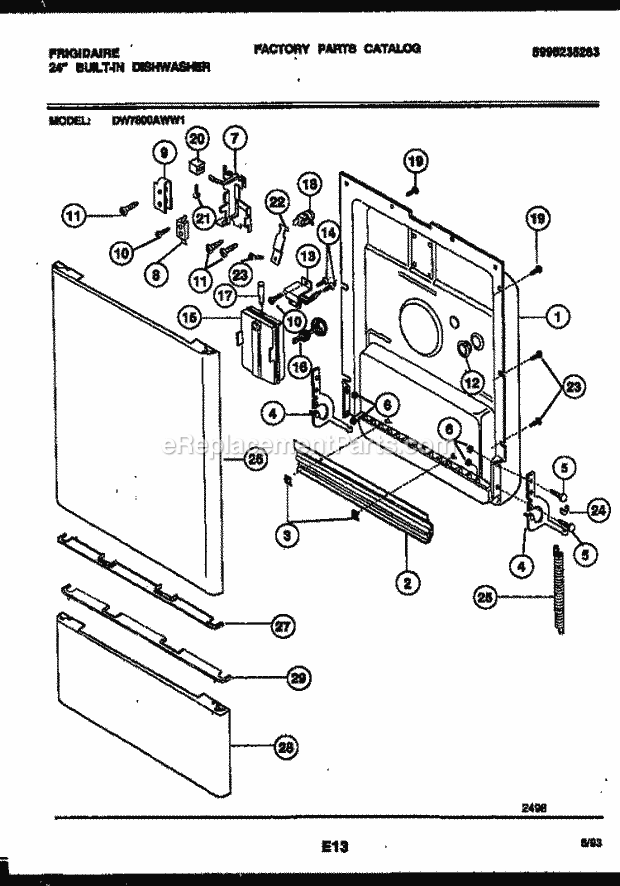 Frigidaire DW7800AWW1 Dishwasher Door Parts Diagram