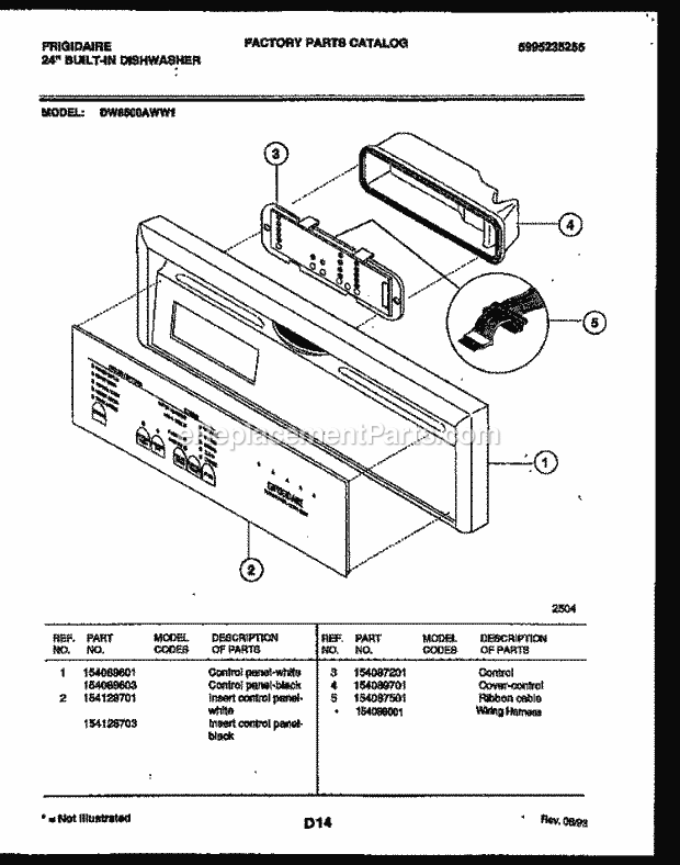 Frigidaire DW8500AWW1 Dishwasher Console and Control Parts Diagram
