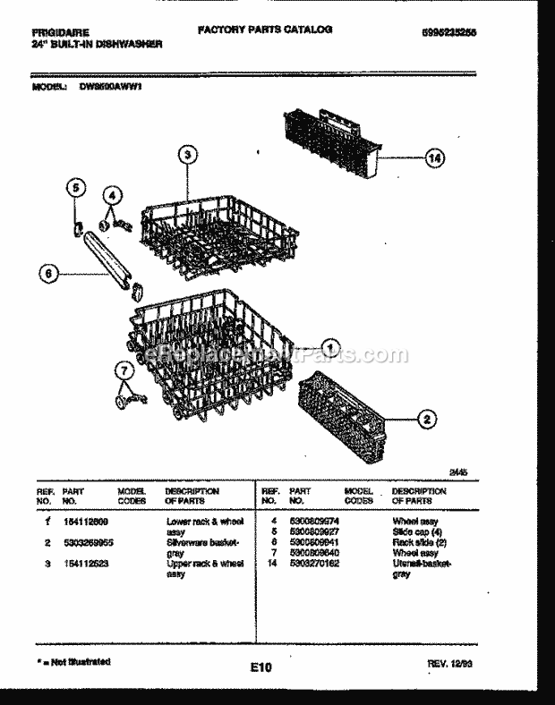 Frigidaire DW8500AWW1 Dishwasher Racks and Trays Diagram