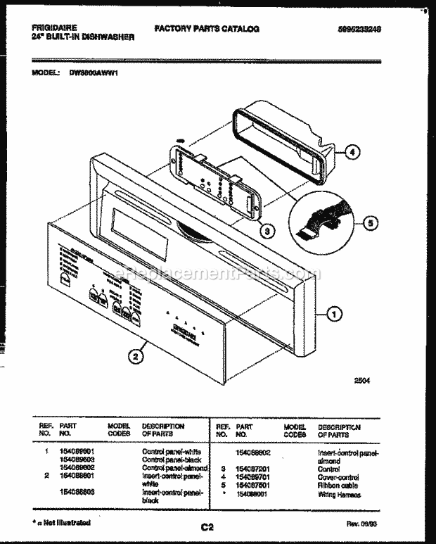 Frigidaire DW8800AWW1 Dishwasher Console and Control Parts Diagram