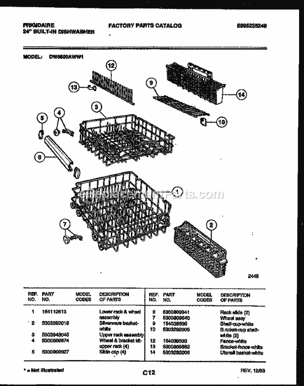 Frigidaire DW8800AWW1 Dishwasher Racks and Trays Diagram