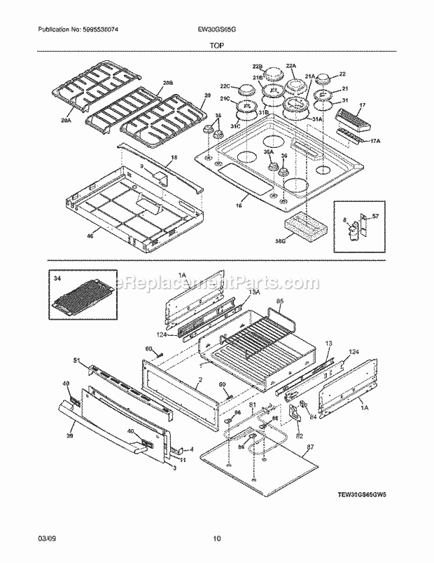 Frigidaire EW30GS65GW5 Range Top/Drawer Diagram