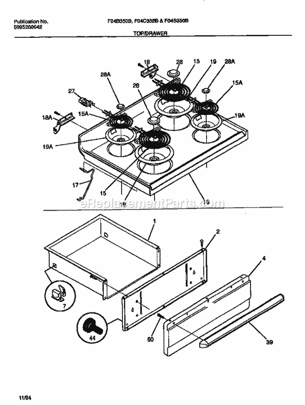 Frigidaire F04B350BDA Freestanding, Electric Electric Range Top / Drawer Diagram