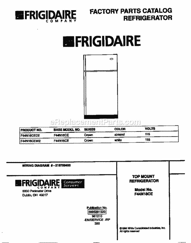 Frigidaire F44N18CED2 Top Freezer Frigidaire Top Mount Refrigerator Page B Diagram