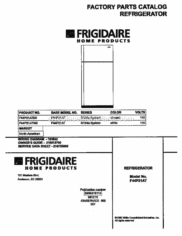 Frigidaire F44P21ATW0 Frg(V2) / Refrigerator Page B Diagram