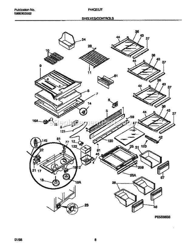 Frigidaire F44Q22JTW0 Top Freezer Top Mount Refrigerator Shelves / Controls Diagram