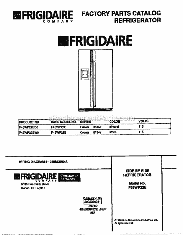 Frigidaire F45WP22ED0 Side-By-Side Frigidaire Side by Side Refrigerator Page D Diagram