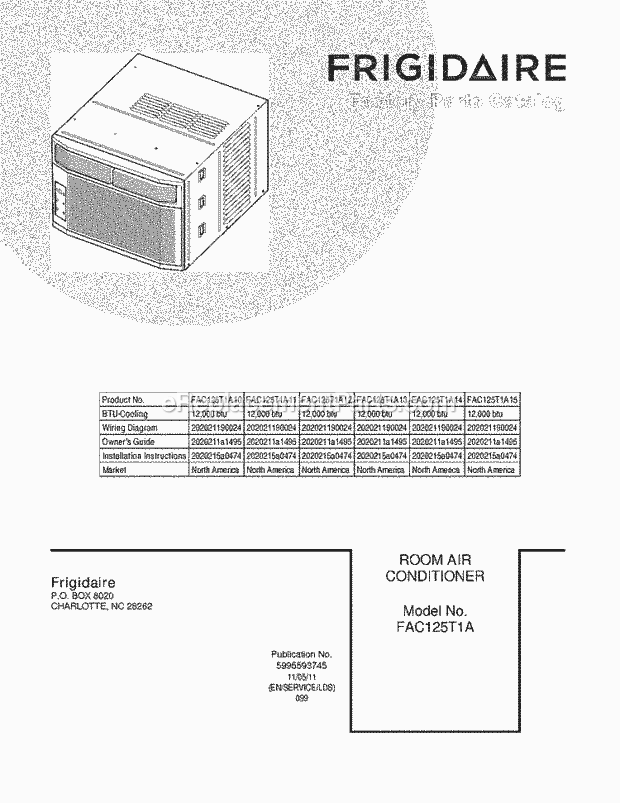 Frigidaire FAC125T1A12 Air Conditioner Page B Diagram