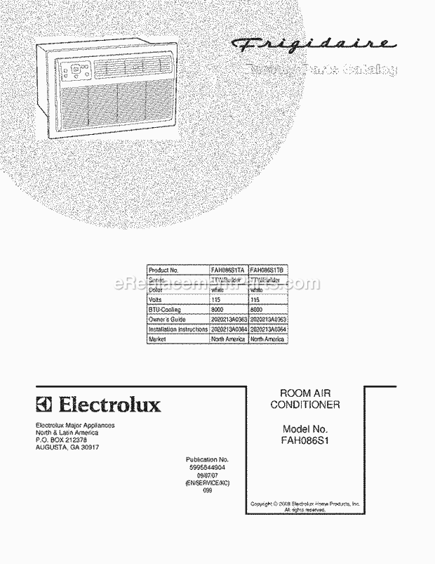 Frigidaire FAH086S1TA Air Conditioner Page B Diagram