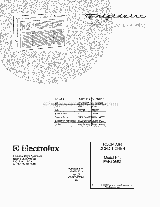 Frigidaire FAH106S2TB Air Conditioner Page B Diagram