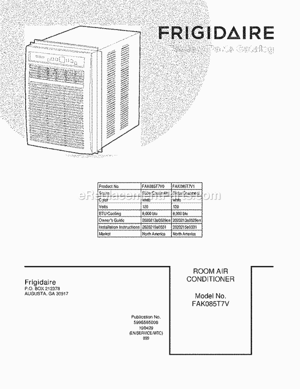 Frigidaire FAK085T7V0 Air Conditioner Page B Diagram