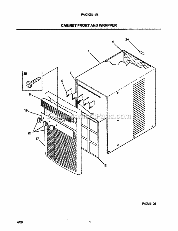 Frigidaire FAK103J1V2 Air Conditioner Cabinet Front and Wrapper Diagram