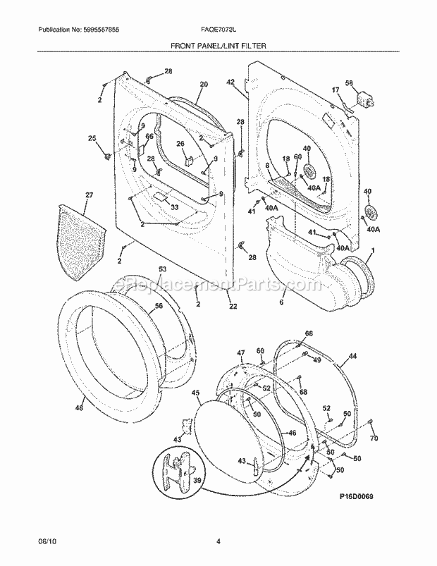 Frigidaire FAQE7072LR0 Dryer Front Panel/Lint Filter Diagram