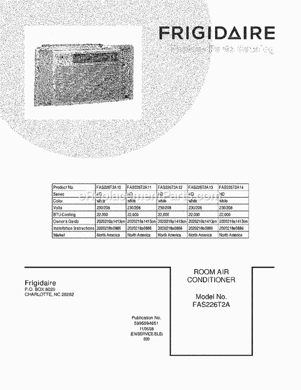 Frigidaire FAS226T2A13 Room A/C Page B Diagram