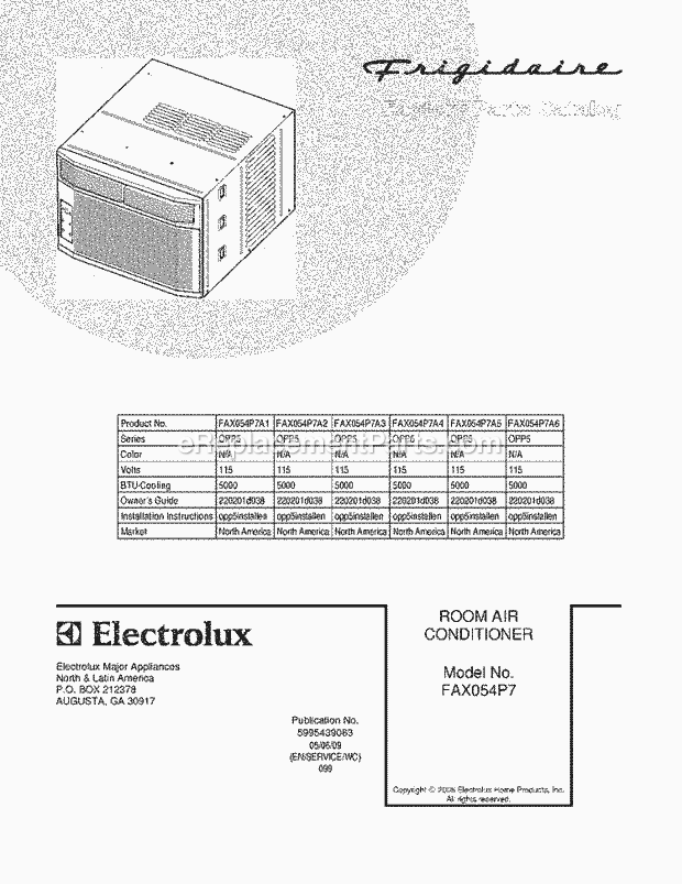 Frigidaire FAX054P7A6 Room A/C Page B Diagram