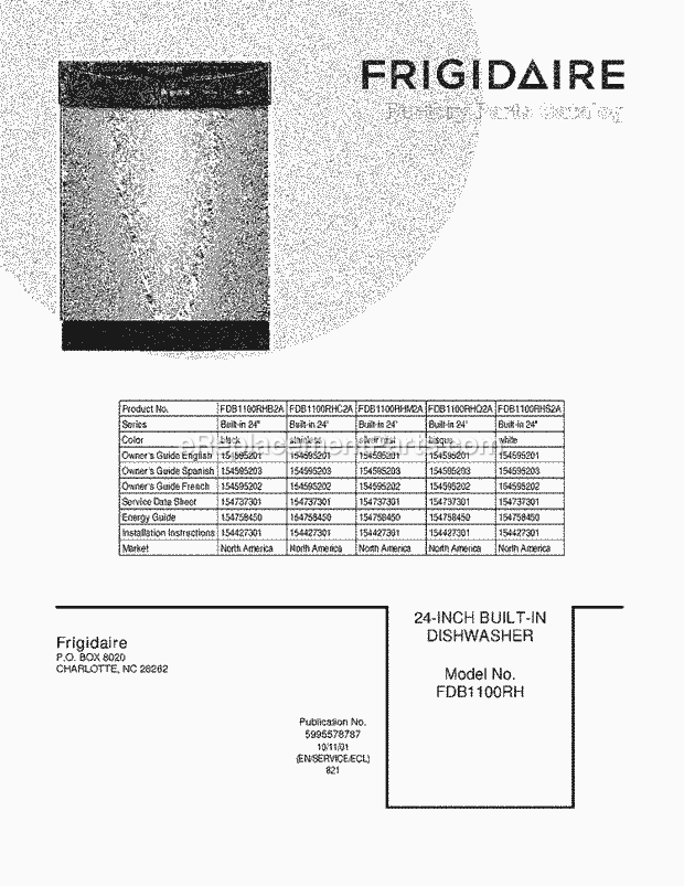 Frigidaire FDB1100RHB2A Dishwasher Page B Diagram