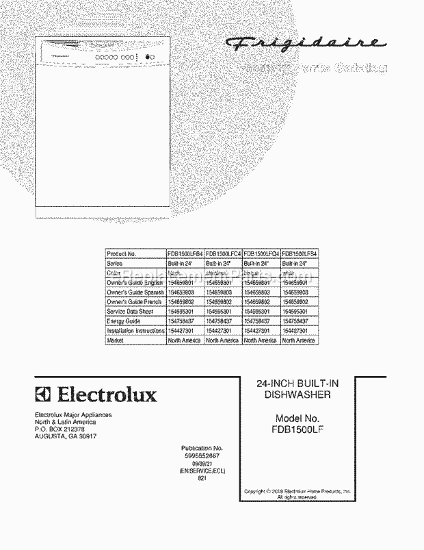 Frigidaire FDB1500LFB4 Dishwasher Page B Diagram