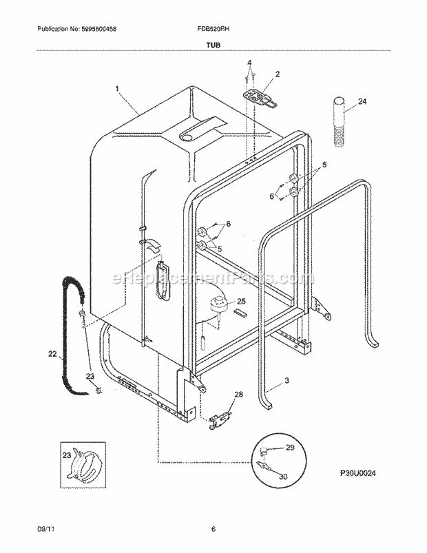 Frigidaire FDB520RHS2 Dishwasher Tub Diagram