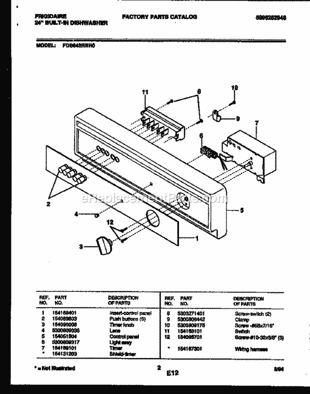Frigidaire FDB643RBR0 Dishwasher Console and Control Parts Diagram