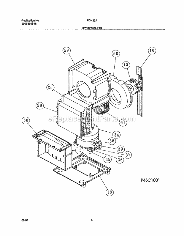 Frigidaire FDH25J4 Dehumidifier System Parts Diagram