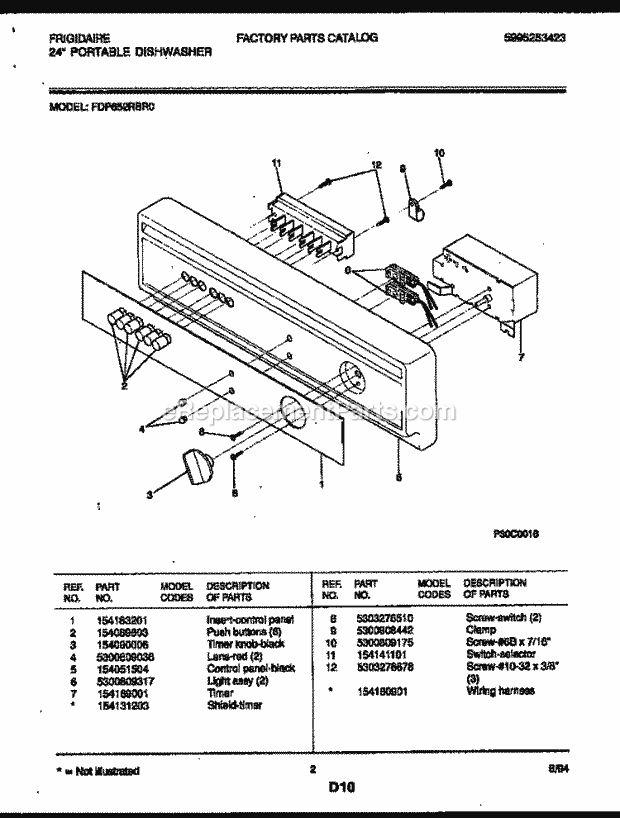 Frigidaire FDP652RBR0 Dishwasher Console and Control Parts Diagram