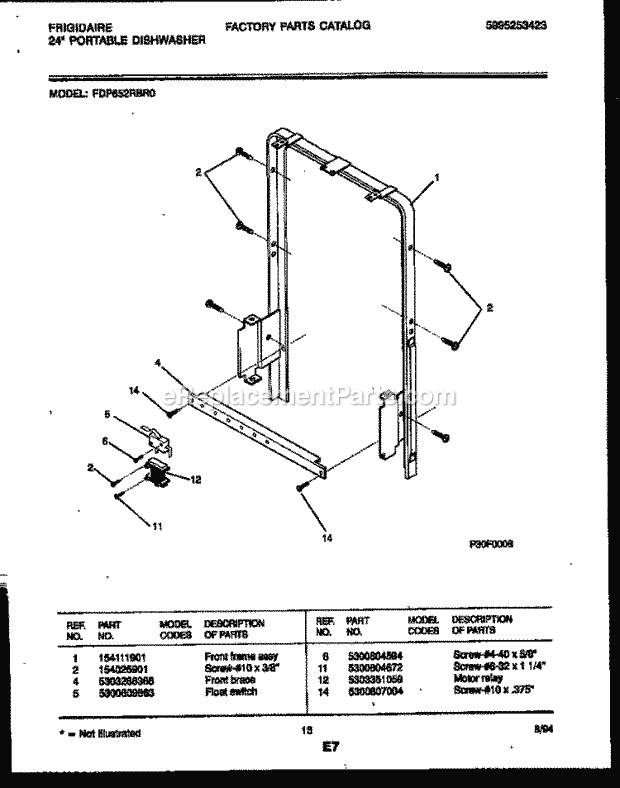 Frigidaire FDP652RBR0 Dishwasher Motor and Front Frame Assembly Diagram