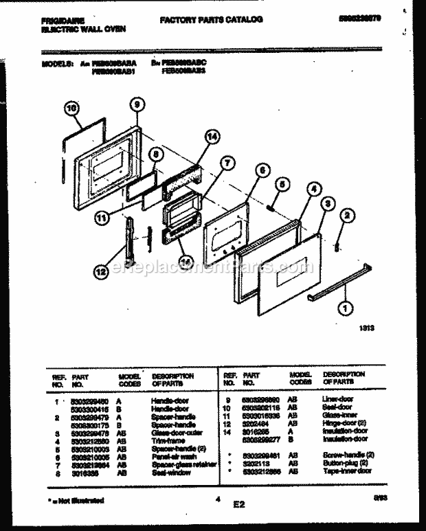 Frigidaire FEB500BAB3 Built-In, Electric Electric Wall Oven Door Parts Diagram