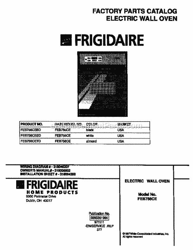 Frigidaire FEB756CESD Electric Frigidaire Electric Wall Oven Page C Diagram