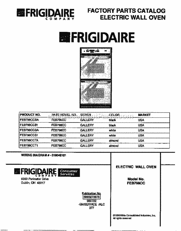 Frigidaire FEB798CCT1 Built-In, Electric Frigidaire Electric Wall Oven Page B Diagram