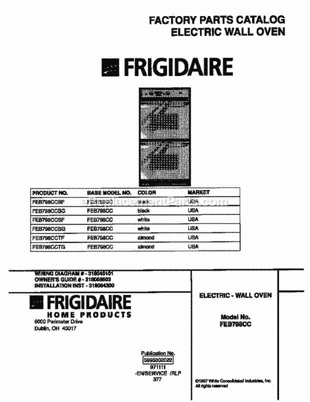 Frigidaire FEB798CCTF Built-In, Electric Frigidaire Electric Wall Oven Page B Diagram