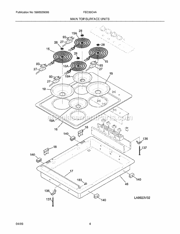 Frigidaire FEC30C4AQ1 Range Maintop Diagram