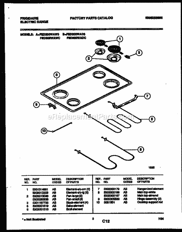 Frigidaire FED300WAW3 Drop-In, Electric Electric Range Cooktop and Broiler Parts Diagram