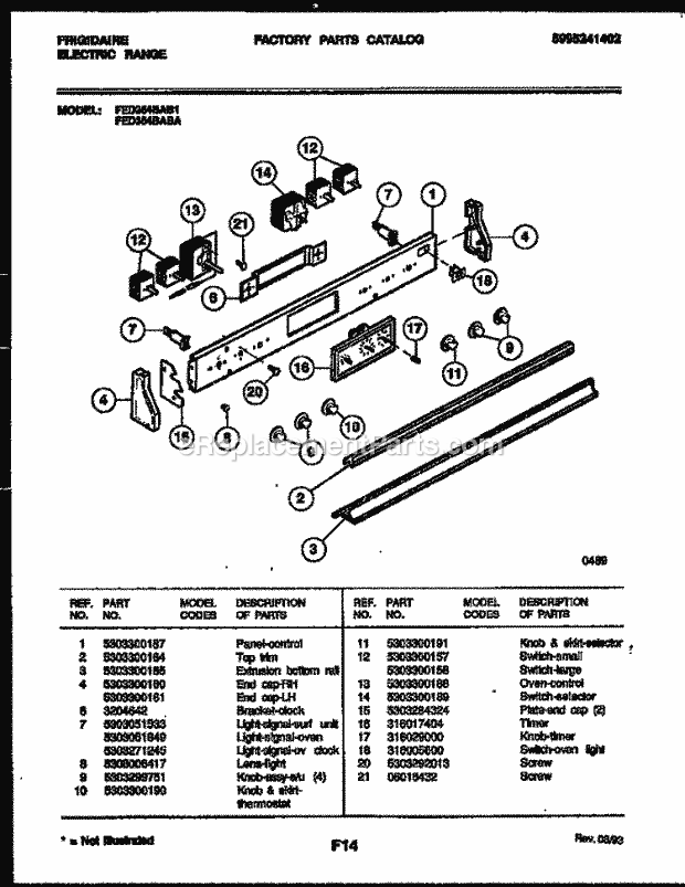 Frigidaire FED354BABA Drop-In, Electric Electric Range Control Panel Diagram