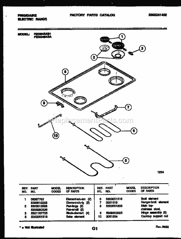 Frigidaire FED354BABA Drop-In, Electric Electric Range Cooktop and Broiler Parts Diagram