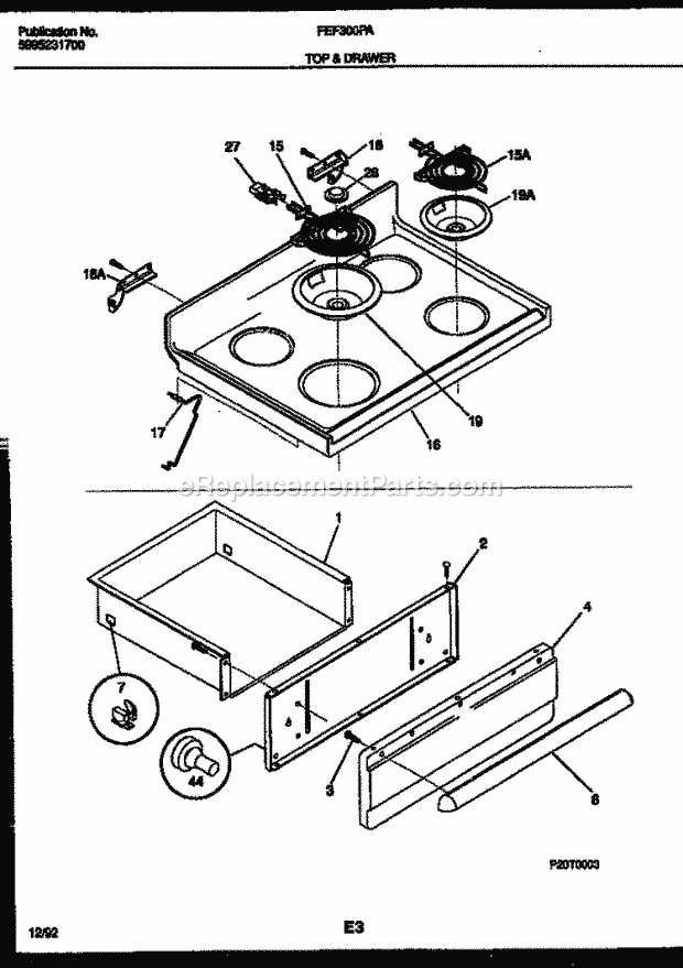 Frigidaire FEF300PADA Electric Electric Range Cooktop and Drawer Parts Diagram