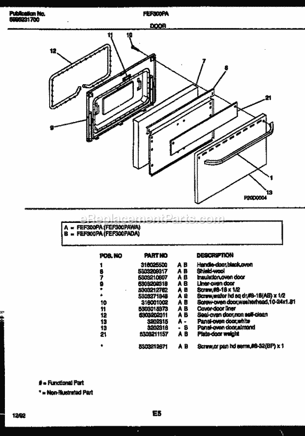 Frigidaire FEF300PADA Electric Electric Range Door Parts Diagram