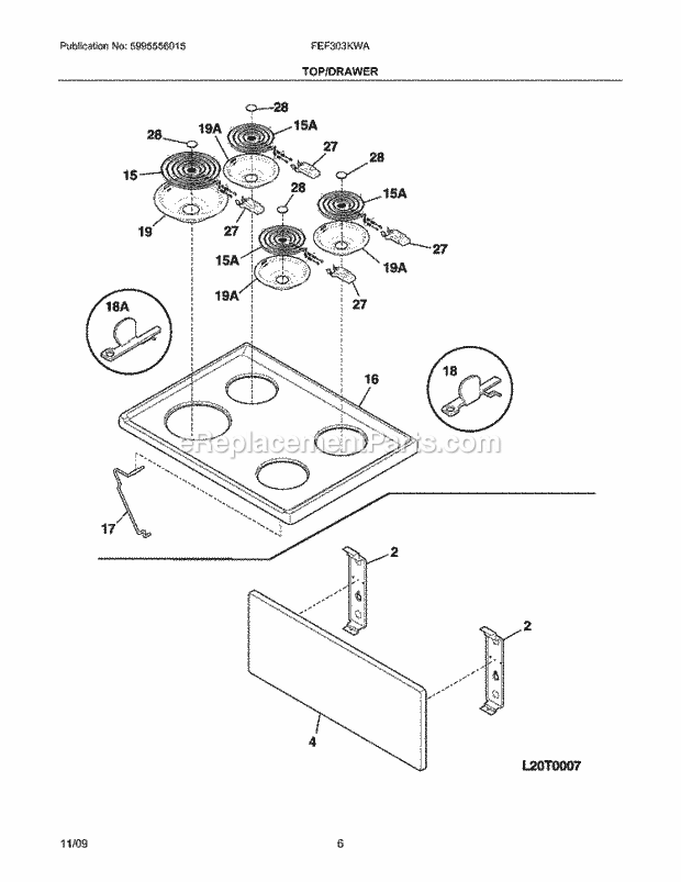 Frigidaire FEF303KWA Range Top/Drawer Diagram