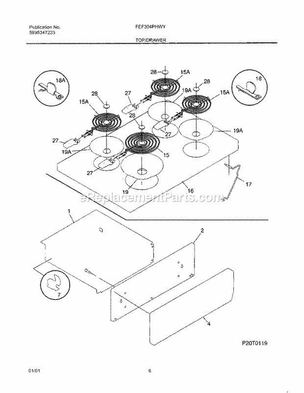 Frigidaire FEF304PHWY Freestanding, Electric Electric Range Top / Drawer Diagram