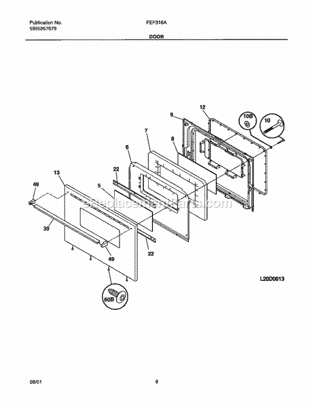 Frigidaire FEF316ASA Freestanding, Electric Electric Range Door Diagram