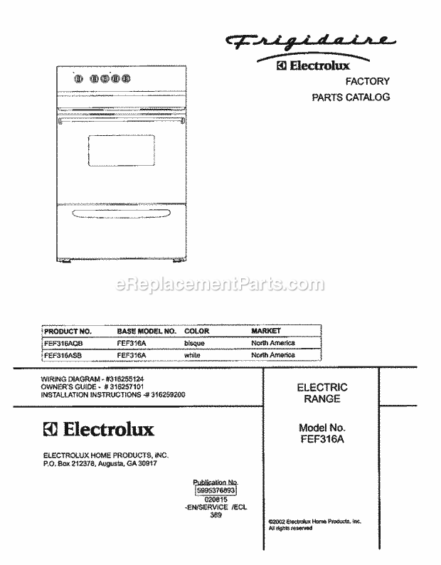 Frigidaire FEF316ASB Freestanding, Electric Electric Range Page C Diagram