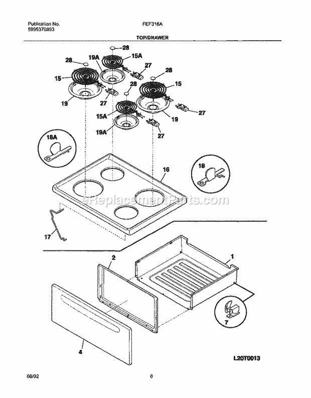 Frigidaire FEF316ASB Freestanding, Electric Electric Range Top / Drawer Diagram